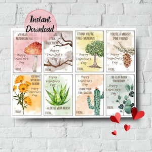 Afdrukbare natuur Valentijnsdagkaarten voor kinderen • Natuurthema, plantenwoordspelingen • Digitale download • Aquarelstijl • Natuur, planten, bomen