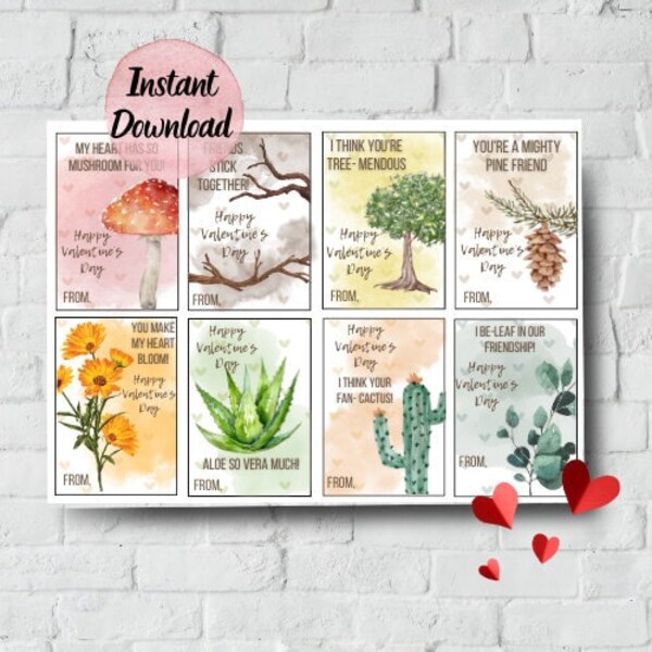 Printable Nature Valentines Day Cards for Kids • Nature Theme, Plant Puns • Digital Download • Watercolor Style • Nature, Plants, Trees