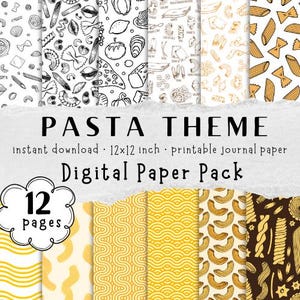 May include: A digital paper pack with a pasta theme. The pack includes 12 pages of printable journal paper. The designs feature various pasta shapes and patterns in black, white, and yellow. The text on the image reads "PASTA THEME" and "Digital Paper Pack."
