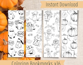 May include: Set of 16 printable Halloween coloring bookmarks featuring four different designs: ghosts, cats, scarecrows, and pumpkins.  Instant download.