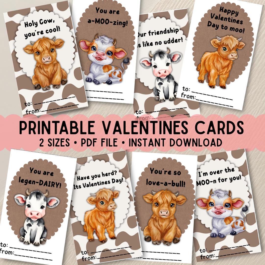 Cow Print Valentines Printable Cards for Classroom Instant Downloa ...