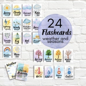 Estações do ano Flashcards Clima sazonal Aprendizagem para crianças Pré-escolar Flash Cards Sala de aula Homeschool Kindergarten Download instantâneo
