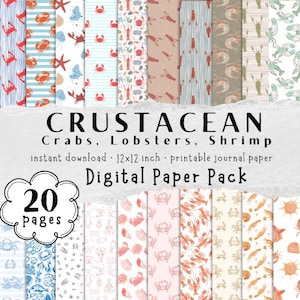 Può includere: Un pacchetto di carta digitale con motivi a tema crostacei, tra cui granchi, aragoste e gamberi in rosso, blu e beige. Il pacchetto offre 20 pagine, ciascuna di 30,48 cm x 30,48 cm, ideale per carta da diario stampabile.