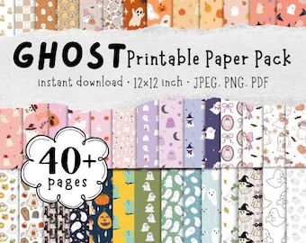 May include: A collection of patterned papers with a Halloween theme. The papers feature ghosts, pumpkins, and other spooky designs. The text reads "GHOST Printable Paper Pack" and "instant download 12x12 inch". There are over 40 pages.