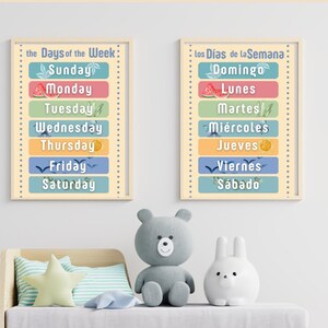 Días bilingües de la semana • Días de la Semana • Impresiones educativas • Aula, educación en el hogar • Descarga instantánea • Póster • Inglés, español