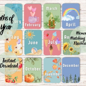 Mesi dell'anno Flashcard Gioco di memoria di abbinamento Stampabili Apprendimento in età prescolare inglese Flashcard per la scuola materna Montessori