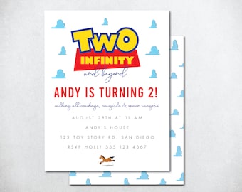Two Infinity und darüber hinaus Geburtstagseinladung, Two Infinity Invite, druckbare Two Infinity Invite, Woody Geburtstagseinladung, Buzz Geburtstagseinladung