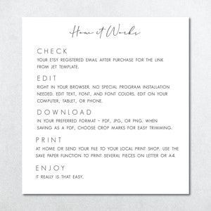 Op de afbeelding: Een witte kaart met zwarte tekst die uitlegt hoe je een Etsy-sjabloon gebruikt. De tekst luidt "How it Works" en bevat de stappen: Controleren, Bewerken, Downloaden, Afdrukken en Genieten. Er staat: "Het is echt zo simpel."