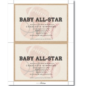 May include: A baby shower invitation with a brown background and a pink and white watercolor illustration of a football, baseball, and basketball. The text reads "Baby All-Star" and includes the name "Charlotte Kingston" and details for the event.
