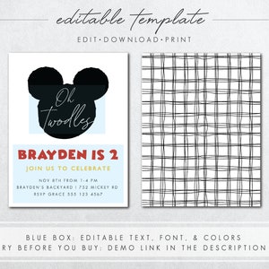 May include: Printable birthday invitation featuring a black Mickey Mouse silhouette with the text "Oh Twodles" in white script. The invitation is for a child named Brayden's 2nd birthday party. The invitation includes the date, time, location, and RSVP information.