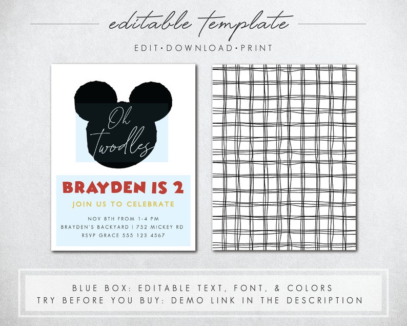 May include: Printable birthday invitation featuring a black Mickey Mouse silhouette with the text "Oh Twodles" in white script. The invitation is for a child named Brayden's 2nd birthday party. The invitation includes the date, time, location, and RSVP information.