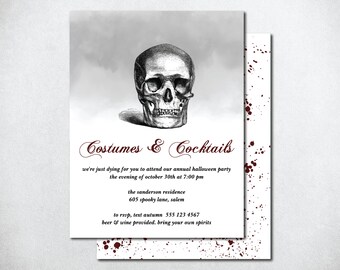Puede incluir: Una ilustración en blanco y negro de un cráneo humano con el texto "Costumes & Cocktails" en cursiva roja. El texto debajo dice "we're just dying for you to attend our annual halloween party the evening of october 30th at 7:00 pm the sanderson residence 605 spooky lane, salem to rsvp, text autumn 555 123 4567 beer & wine provided. bring your own spirits"