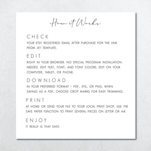 May include: How it Works: A white card with black text explaining the steps to edit, download, print, and enjoy a digital template. The steps include editing the template in your browser, downloading it in PDF, JPG, or PNG format, printing it at home or at a local print shop, and enjoying the final product.