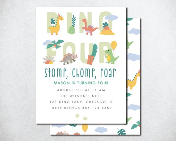 Dino Four Birthday Invite, Dinosaur Birthday Invite, Dino Mite Birthday Invitation, T-Rex Party Invite, Modern Dinosaur Invite, Dino 4