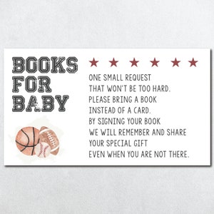 Op de afbeelding: Een witte kaart met de tekst "BOOKS FOR BABY" in zwart met een rode sterrenbeoordeling. De kaart bevat ook een aquarel-illustratie van een basketbal, voetbal en honkbal.