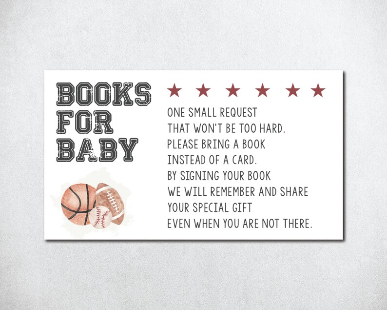 Op de afbeelding: Een witte kaart met de tekst "BOOKS FOR BABY" in zwart met een rode sterrenbeoordeling. De kaart bevat ook een aquarel-illustratie van een basketbal, voetbal en honkbal.