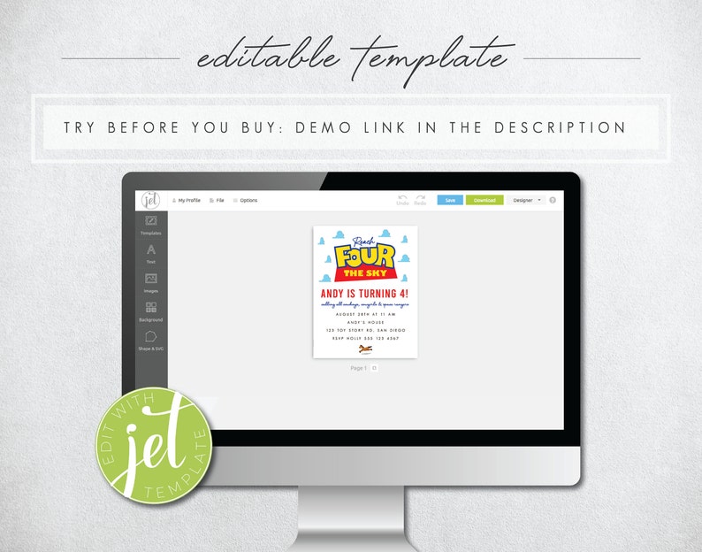 May include: Editable template for a Toy Story themed birthday party invitation. The invitation features a red and white toy truck with the text "To infinity and beyond" and "Andy is turning 4!" with blue clouds and a blue sky background.