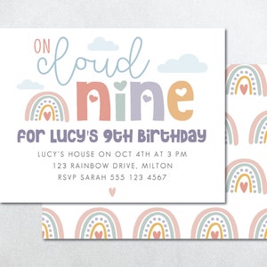 Cloud Nine Birthday Invite, Cloud 9 Birthday Invitation, Cloud Nine Rainbow Birthday Invite, On Cloud 9 Invite, 9th Birthday Invite