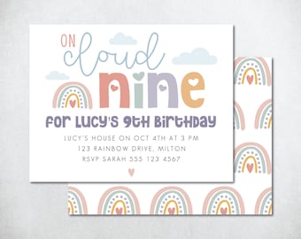 Cloud Nine Birthday Invite, Cloud 9 Birthday Invitation, Cloud Nine Rainbow Birthday Invite, On Cloud 9 Invite, 9th Birthday Invite