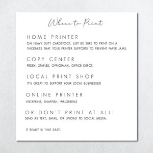 Op de afbeelding: Een zwart-witte tekstafbeelding met de titel "Waar te printen" en een lijst met opties voor het printen, waaronder thuisprinter, kopieercentrum, lokale printshop, online printer en de optie om helemaal niet te printen.