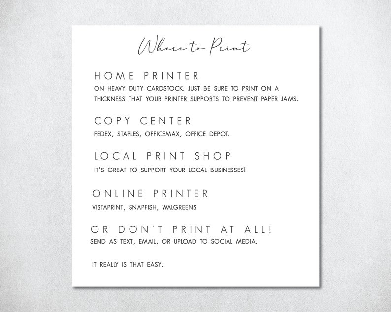 Op de afbeelding: Een zwart-witte tekstafbeelding met de titel "Waar te printen" en een lijst met opties voor het printen, waaronder thuisprinter, kopieercentrum, lokale printshop, online printer en de optie om helemaal niet te printen.