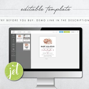 Op de afbeelding: Een computerscherm waarop een digitale ontwerptemplate voor een babyshower-uitnodiging wordt weergegeven. De uitnodiging bevat een aquarel-illustratie van een basketbal en een voetbal met de tekst "Baby All-Star" en "Raya Briglfor".