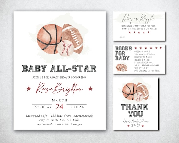 Vintage Sports Baby Shower Invitation, Printable Shower Invite, Boy Baby Shower, Football Invite, Basketball Invite, Baseball Invite