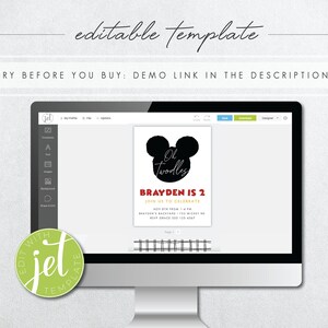 May include: Editable template for a Mickey Mouse themed birthday party invitation. The invitation features a black silhouette of Mickey Mouse's head with the text "Ol Twodles" inside. The text "Brayden is 2" is in red and white with a gold border. The invitation also includes details about the party, such as the date, time, and location.