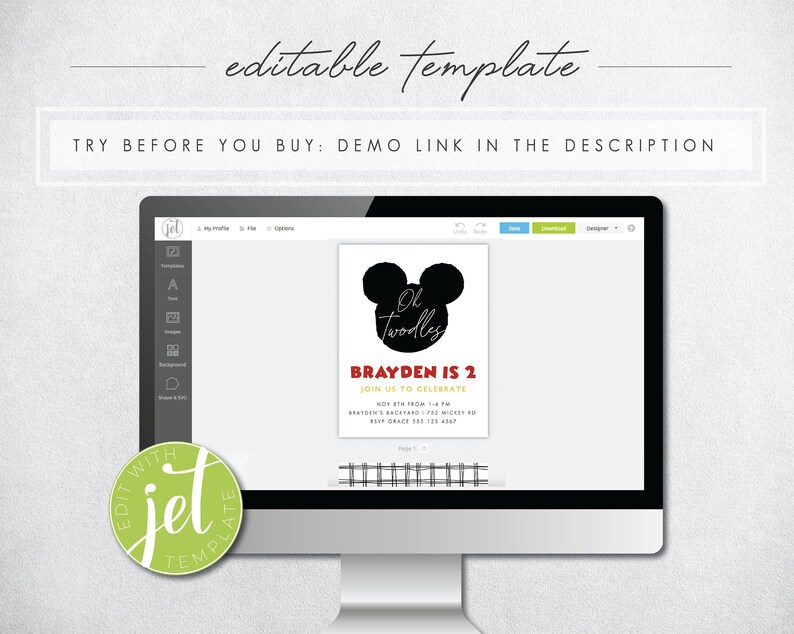 May include: Editable template for a Mickey Mouse themed birthday party invitation. The invitation features a black silhouette of Mickey Mouse's head with the text "Ol Twodles" inside. The text "Brayden is 2" is in red and white with a gold border. The invitation also includes details about the party, such as the date, time, and location.