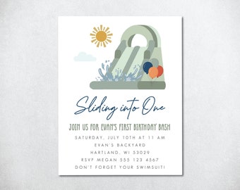 Inflatable Water Slide Birthday Invite, Water Slide Birthday Invite, Slip and Slide Birthday Invite, Sliding Into One Birthday Invite