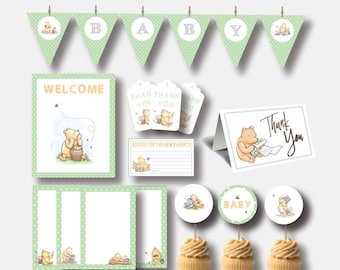 Winnie The Pooh Baby Shower Party Pack | Classic Winnie The Pooh Party Decor | Instant Download | Winnie The Pooh Baby Shower Bundle |