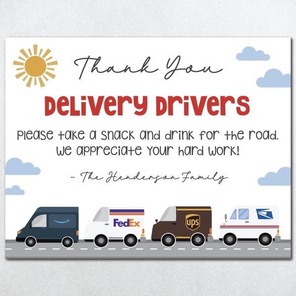 Delivery Driver Thank You Sign, Delivery Driver Snack and Drink Sign, Mail Carrier Thank You, Printable Delivery Driver Snack Sign