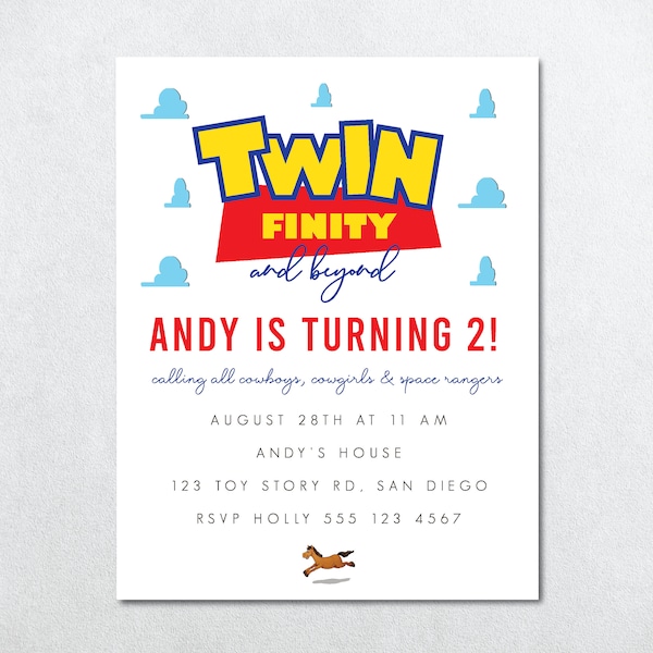 Twinfinity and Beyond Birthday Invitation, Twin Finity Invite, Printable Two Infinity Invite, Woody Birthday Invite, Buzz Birthday Invite