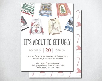 Puede incluir: Una invitación a una fiesta de Navidad con fondo blanco y borde de bastón de caramelo rojo y blanco. La invitación presenta una ilustración de acuarela de varios suéteres navideños feos y el texto "IT'S ABOUT TO GET UGLY" en fuente negra. La fecha y hora de la fiesta se enumeran como "DECEMBER 20 | 7:00 PM".