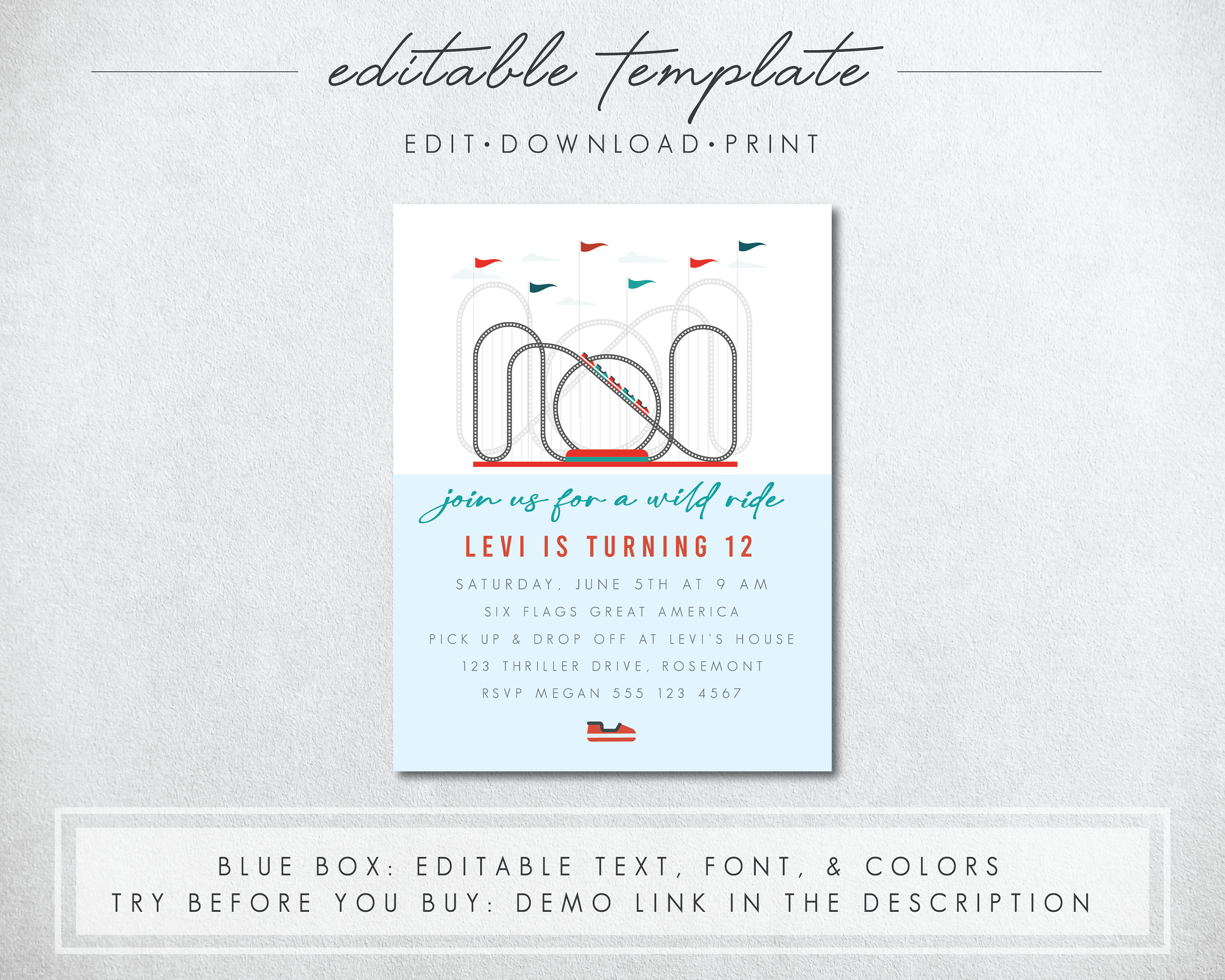 Roller Coaster Birthday Invitation, Amusement Park Birthday Invite ...