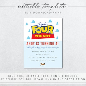 May include: A blue and red birthday invitation with a cartoon image of a rocket ship and the text "Reach for the Sky". The invitation is for a 4th birthday party and includes the name "Andy" and the date and time of the party.