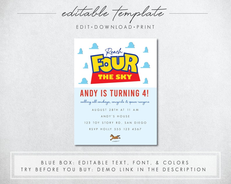 May include: A blue and red birthday invitation with a cartoon image of a rocket ship and the text "Reach for the Sky". The invitation is for a 4th birthday party and includes the name "Andy" and the date and time of the party.