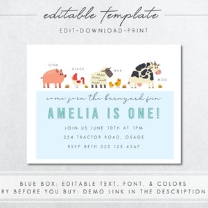 K&ouml;nnte beinhalten: Eine blaue und wei&szlig;e druckbare Einladung mit einem Bauernhof-Thema. Die Einladung lautet "Komm mit zum Spa&szlig; auf dem Bauernhof Amelia ist eins!" mit einer Illustration von Schwein, Huhn, Schaf und Kuh. Die Einladung enth&auml;lt auch Datum, Uhrzeit, Adresse und RSVP-Informationen.