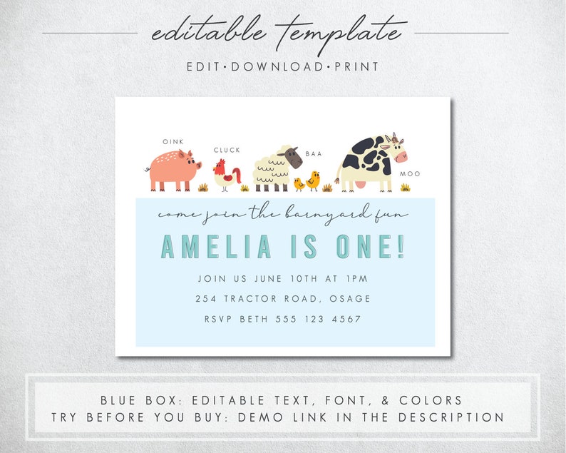 K&ouml;nnte beinhalten: Eine blaue und wei&szlig;e druckbare Einladung mit einem Bauernhof-Thema. Die Einladung lautet "Komm mit zum Spa&szlig; auf dem Bauernhof Amelia ist eins!" mit einer Illustration von Schwein, Huhn, Schaf und Kuh. Die Einladung enth&auml;lt auch Datum, Uhrzeit, Adresse und RSVP-Informationen.
