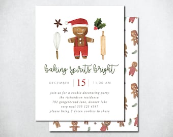 May include: A Christmas cookie decorating party invitation with a gingerbread man illustration and the text "baking spirits bright". The invitation includes the date December 15th, time 11:00 AM, and details about the party.