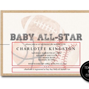 May include: A baby shower invitation with a watercolor illustration of a baseball, football, and basketball. The text reads "Baby All-Star" and "Charlotte Kingston". The invitation includes the date, time, location, and RSVP information.