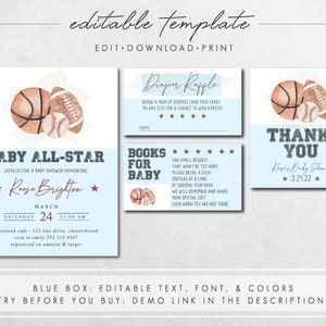 Op de afbeelding: Een blauwe en witte babyborrel uitnodiging met een aquarel illustratie van een basketbal, voetbal en honkbal. De tekst luidt "Baby All-Star" en "Doe mee met ons voor een babyborrel ter ere van Reese Brighton". De datum is 24 maart om 11:00 uur. De locatie is Lakewood Cafe, 123 Line Drive, Chesterbrook. RSVP naar Emily op 555-123-4567. Geregistreerd op Amazon & Target.