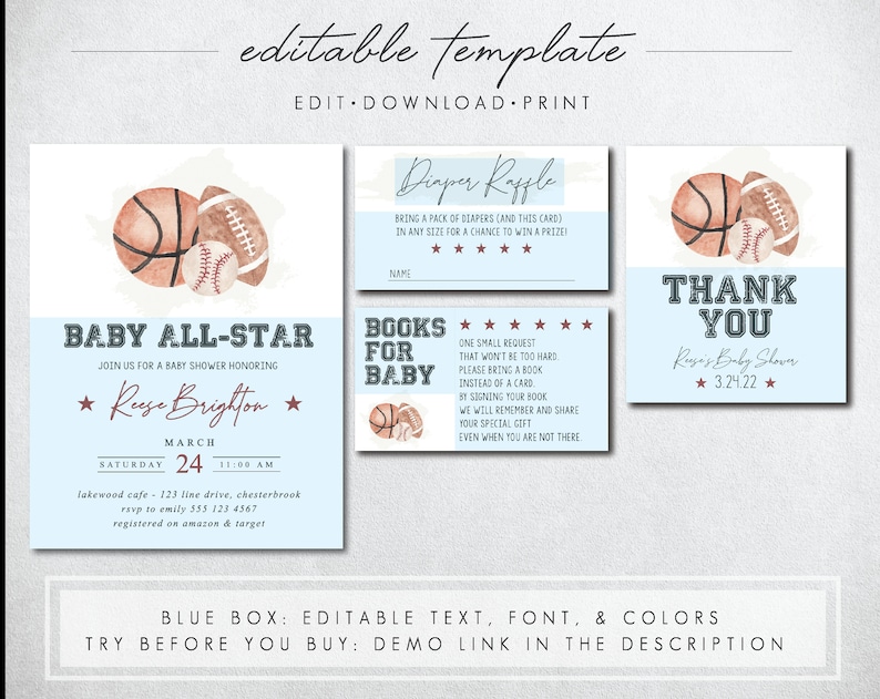 Op de afbeelding: Een blauwe en witte babyborrel uitnodiging met een aquarel illustratie van een basketbal, voetbal en honkbal. De tekst luidt "Baby All-Star" en "Doe mee met ons voor een babyborrel ter ere van Reese Brighton". De datum is 24 maart om 11:00 uur. De locatie is Lakewood Cafe, 123 Line Drive, Chesterbrook. RSVP naar Emily op 555-123-4567. Geregistreerd op Amazon & Target.