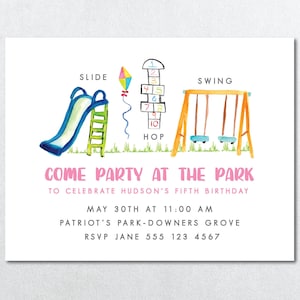 Invitation de fête de parc, invitation d'anniversaire de parc, partie au parc, partie de parc de la fille, invitation de terrain de jeu, partie extérieure, anniversaire de la fille