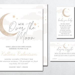 May include: A baby shower invitation with a watercolor moon and stars design. The invitation reads "We're Over the Moon" and includes the name "Kollins Robertson". The invitation also includes the date, time, and location of the shower. There are two additional cards for a book request and a diaper raffle.