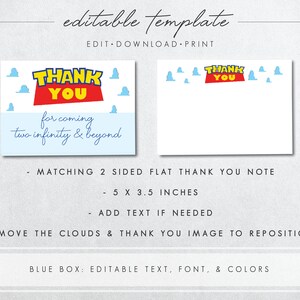 May include: Editable thank you note template with a red and white "Thank You" banner with blue clouds. The text "for coming two infinity & beyond" is written in blue below the banner. The template is 5 inches by 3.5 inches.