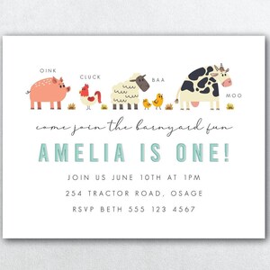 K&ouml;nnte beinhalten: Eine bunte Einladung zu einer ersten Geburtstagsfeier mit einem Bauernhof-Thema. Die Einladung zeigt ein Schwein, ein Huhn, ein Schaf, zwei K&uuml;ken und eine Kuh mit dem Text "come join the barnyard fun Amelia is one!"  Join us June 10th at 1pm 254 Tractor Road, Osage RSVP Beth 555 123 4567