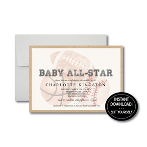 Vintage Sports Baby Shower Invitation | Printable Shower Invite | Boy Baby Shower | Football Invite | Basketball Invite | Baseball Invite