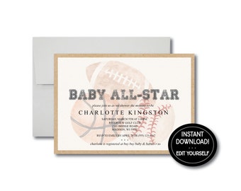 Vintage uitnodiging voor baby shower van sport | Afdrukbare douche uitnodigen | Jongen babyshower | Voetbal uitnodigen | Basketbal uitnodigen | Honkbal uitnodigen