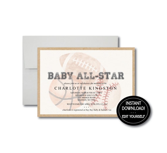 Vintage Sports Baby Shower Invitation | Printable Shower Invite | Boy Baby Shower | Football Invite | Basketball Invite | Baseball Invite